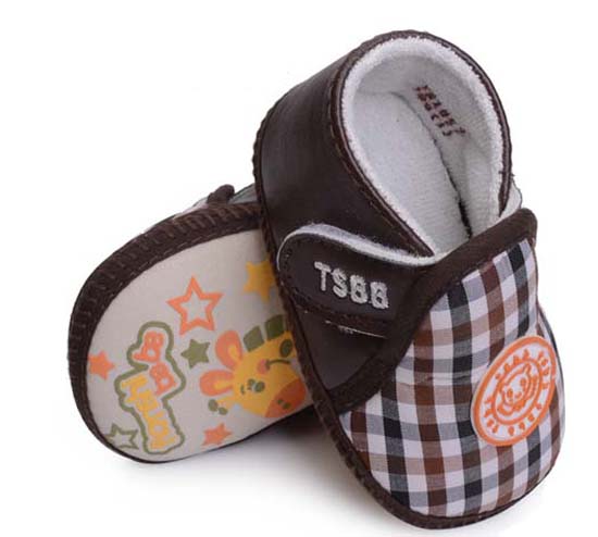 天使之嬰格子布+PUyoue步前鞋咖色