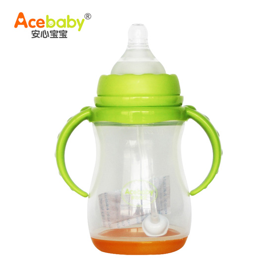 安心寶寶250ml寬口雙耳自動感溫PP奶瓶綠無蓋
