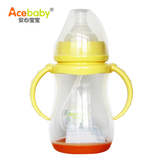 安心寶寶250ml寬口雙耳自動感溫PP奶瓶黃