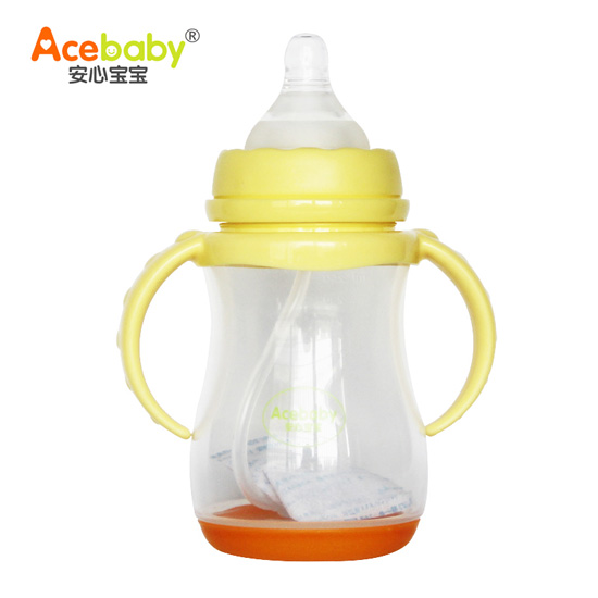 安心寶寶250ml寬口雙耳自動感溫PP奶瓶黃無蓋