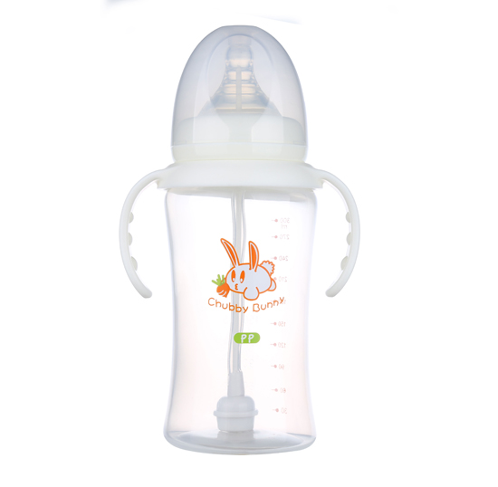 丘比兔PP寬口徑葫蘆型自動(dòng)把手奶瓶300ML白色
