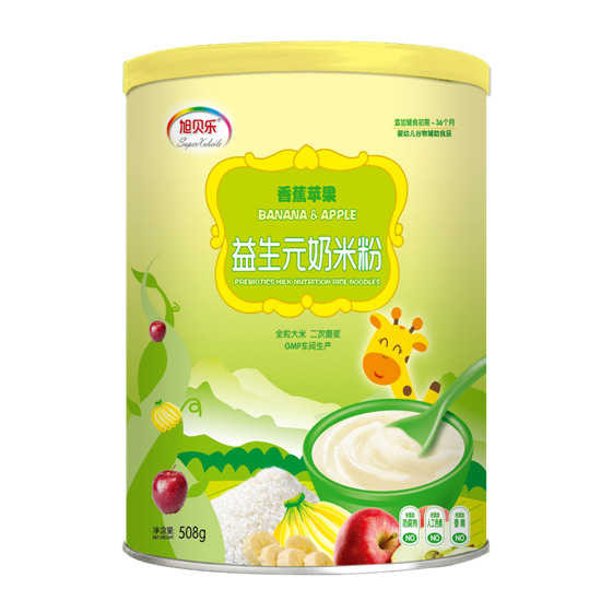 旭貝樂(lè)香蕉蘋(píng)果益生元奶米粉罐裝
