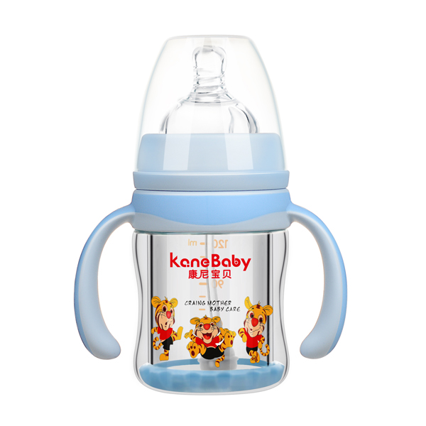 康尼寶貝弧形寬口有柄自動防爆玻璃奶瓶120ml 藍色