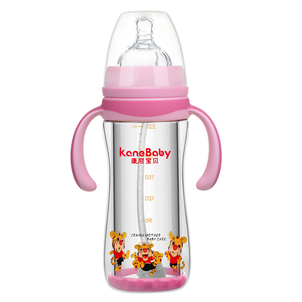 康尼寶貝弧形寬口有柄自動防爆玻璃奶瓶220ml 紅色