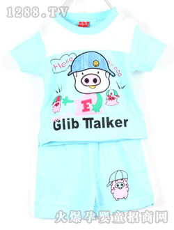 棉童麥兜短袖短褲套裝青色