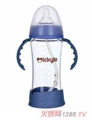 米奇樂(lè)防破晶鉆玻璃寬口自動(dòng)奶瓶260ml