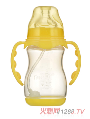 嬰之美寬口雙耳自動圓弧PP奶瓶帶底240ML黃色