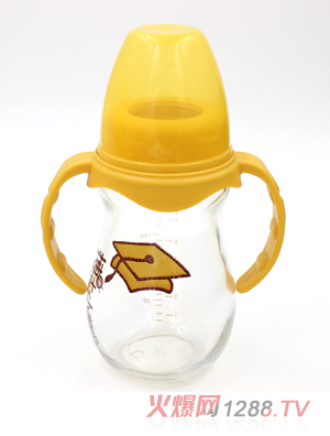 博士小帽玻璃有柄自然親子寬口徑奶瓶240ml黃色