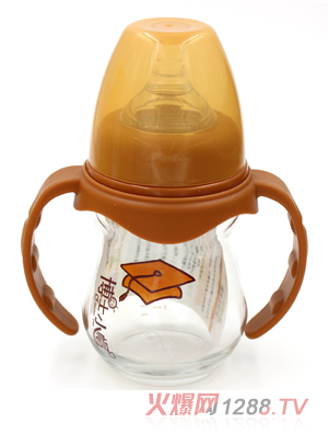 博士小帽玻璃有柄自然親子寬口徑奶瓶150ml橙色