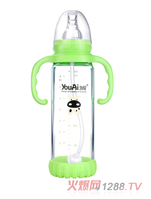 幼愛(ài)帶柄自動(dòng)吸防摔感溫晶鉆玻璃標(biāo)口奶瓶240ml