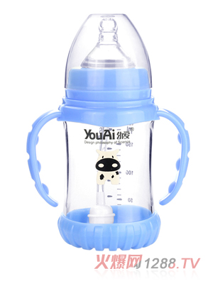 幼愛(ài)帶柄自動(dòng)吸防摔感溫晶鉆玻璃寬口奶瓶180ml