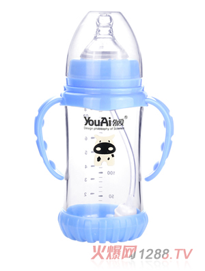 幼愛(ài)帶柄自動(dòng)吸防摔感溫晶鉆玻璃寬口奶瓶240ml