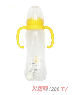 安心寶寶270ml標(biāo)口方圓適指形雙耳自動PP奶瓶黃色帶蓋