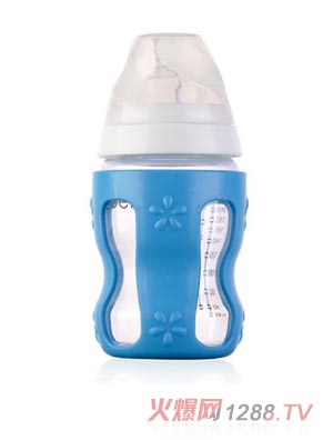 清素250ml寬口玻璃奶瓶（帶保護套+中流量奶嘴）-藍色