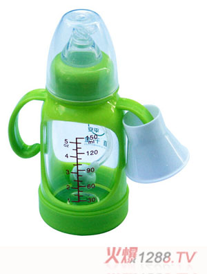 Happy100奶瓶帶手柄防摔玻璃奶瓶綠色