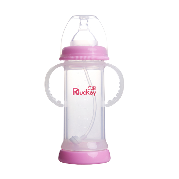 樂(lè)起寬口雙層防爆有耳自動(dòng)晶鉆玻璃底部透氣奶瓶220ml粉色